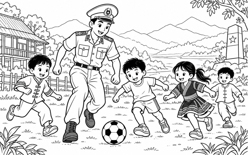 Tranh tô màu chú bộ đội biên phòng chơi bóng cùng thiếu nhi