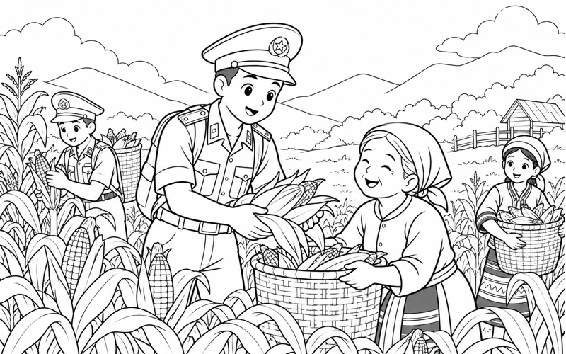 Tranh tô màu chú bộ đội biên phòng giúp bà con thu hoạch ngô