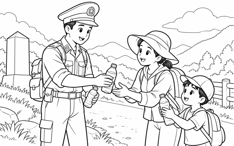 Tranh tô màu chú bộ đội biên phòng chia sẻ nước uống với người đi đường