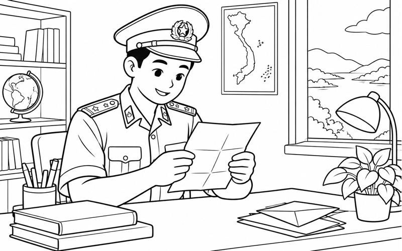 Tranh tô màu chú bộ đội biên phòng đọc thư ở bàn làm việc