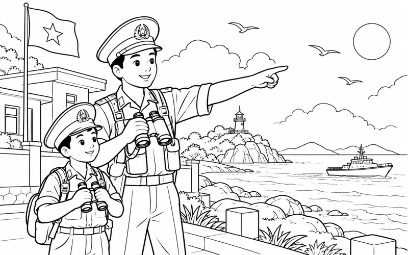 Tranh tô màu chú bộ đội biên phòng bên đồn ven biển