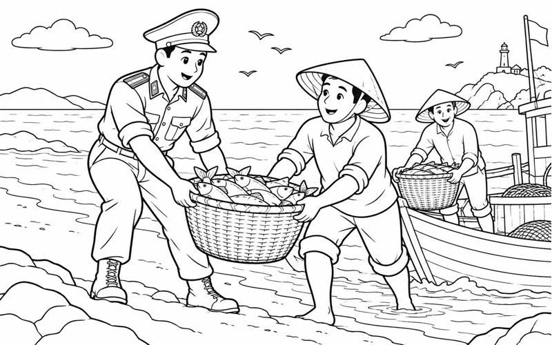 Tranh tô màu chú bộ đội biên phòng giúp ngư dân mang giỏ lên bờ