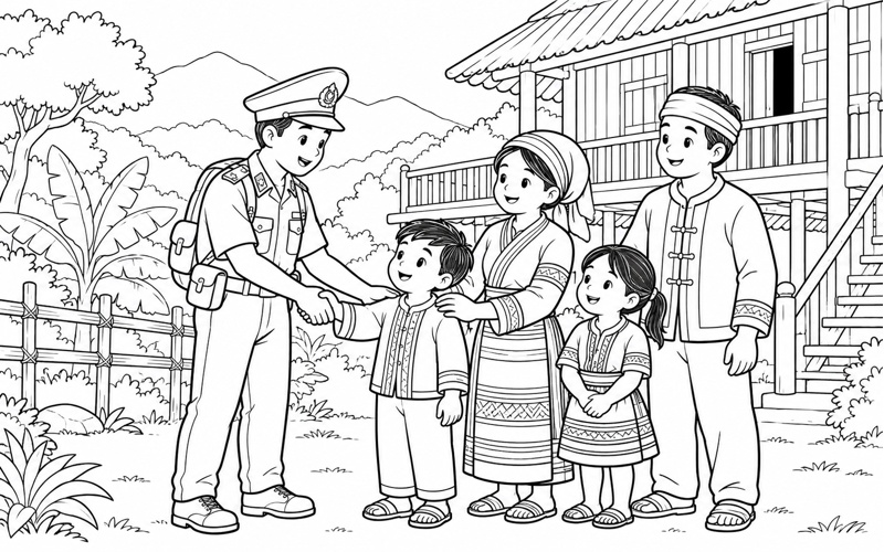 Tranh tô màu chú bộ đội biên phòng thăm gia đình ở nhà sàn