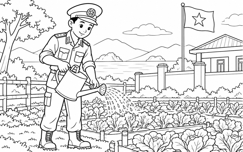 Tranh tô màu chú bộ đội biên phòng tưới rau ở vườn đồn