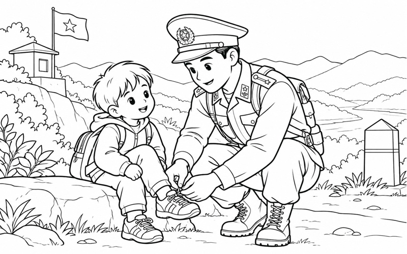 Tranh tô màu chú bộ đội biên phòng hướng dẫn bé buộc dây giày