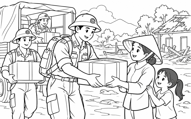 Tranh tô màu chú bộ đội biên phòng mang đồ hỗ trợ sau bão