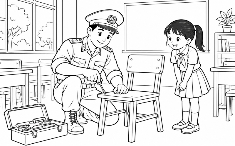 Tranh tô màu chú bộ đội biên phòng sửa ghế trong lớp học