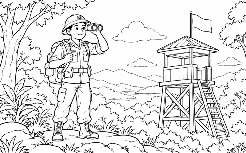 Tranh tô màu chú bộ đội biên phòng cạnh chòi quan sát trong rừng