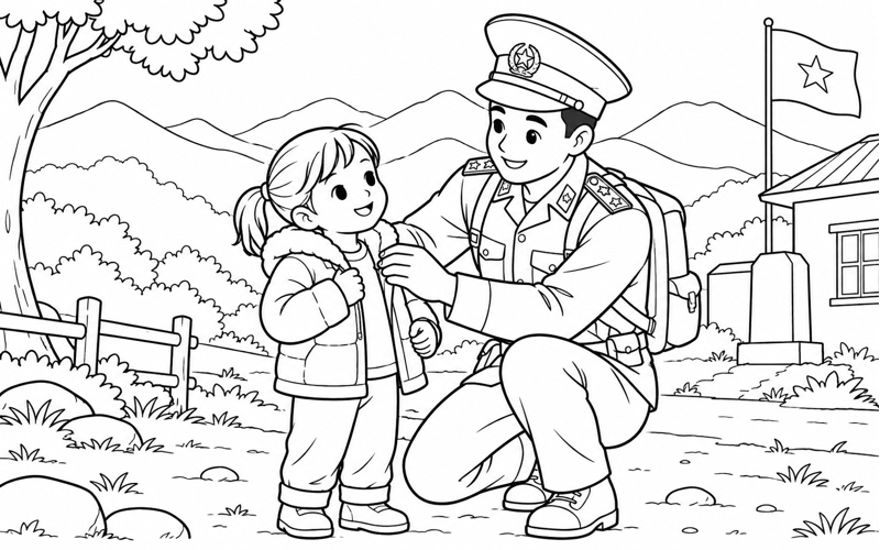 Tranh tô màu chú bộ đội biên phòng giúp bé mặc áo ấm