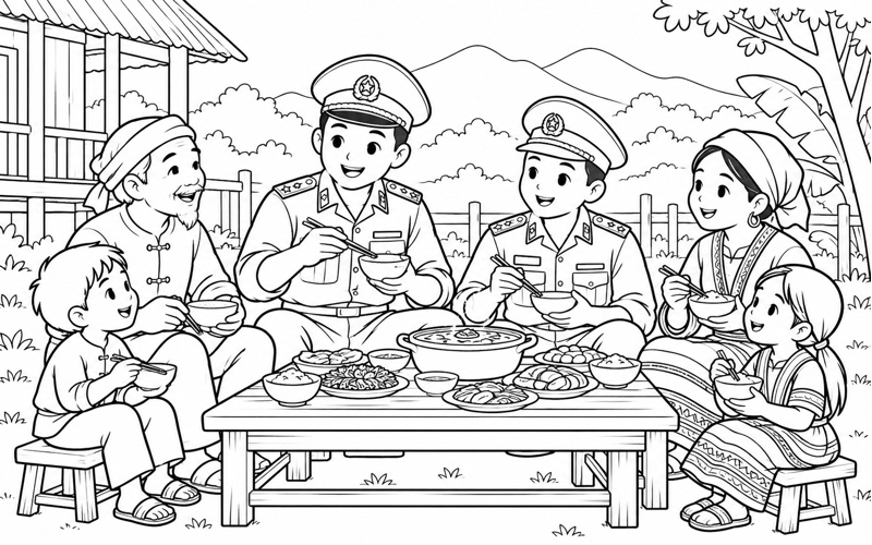 Tranh tô màu chú bộ đội biên phòng dùng bữa cùng bà con
