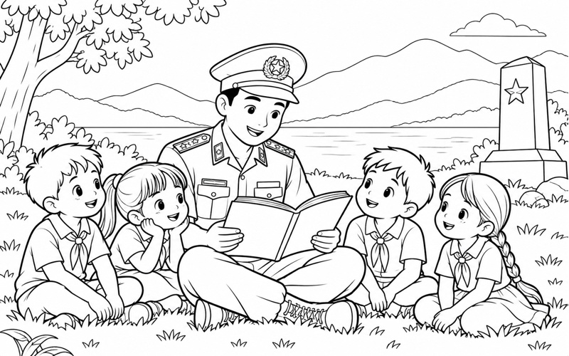 Tranh tô màu chú bộ đội biên phòng đọc truyện cùng thiếu nhi