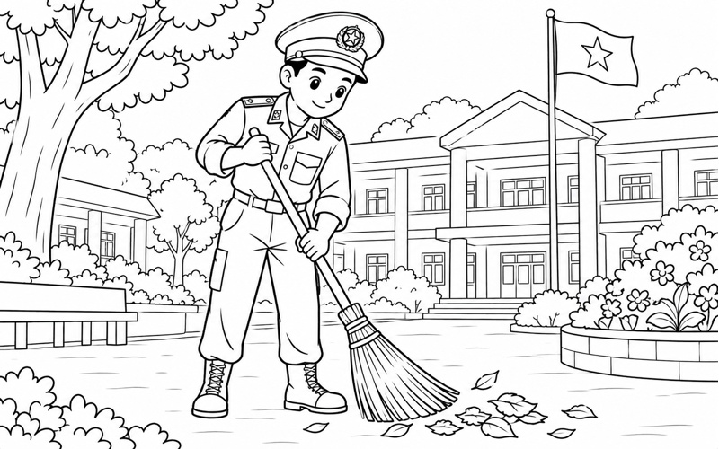 Tranh tô màu chú bộ đội biên phòng quét sân trường