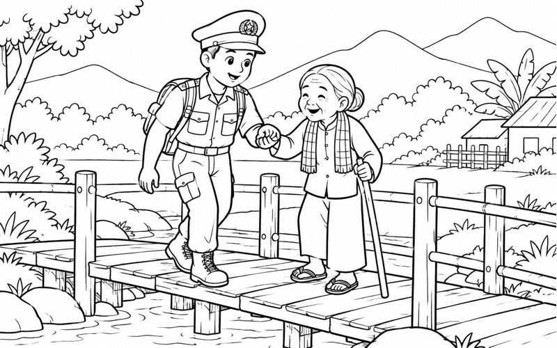 Tranh tô màu chú bộ đội biên phòng giúp bà qua cầu gỗ