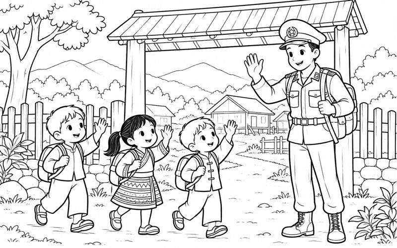 Tranh tô màu chú bộ đội biên phòng vẫy chào các bé ở cổng bản