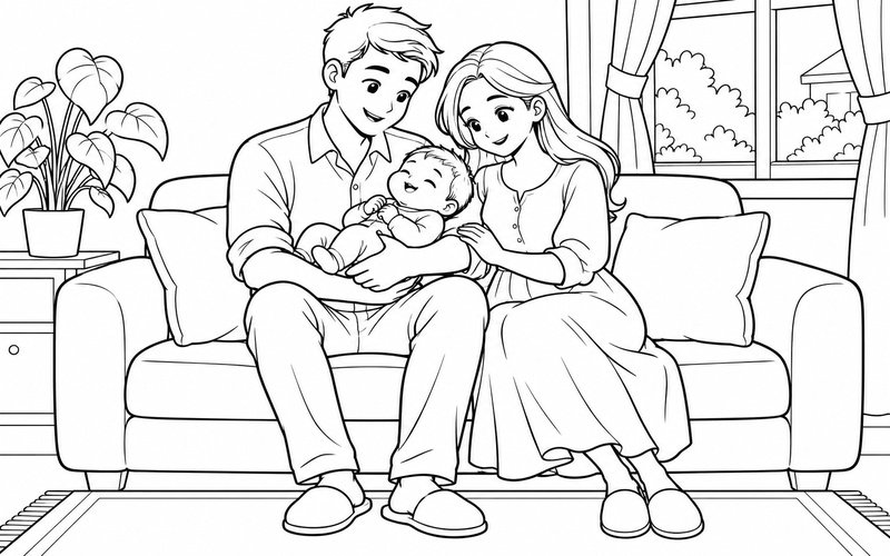 Tranh tô màu bố bế em bé bên ghế sofa