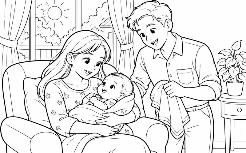 Tranh tô màu mẹ bế em bé cạnh cửa sổ