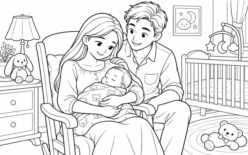 Tranh tô màu bố mẹ ngắm em bé ngủ trong vòng tay