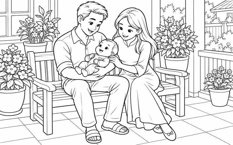 Tranh tô màu bố mẹ ngồi trên ghế ngoài hiên với em bé
