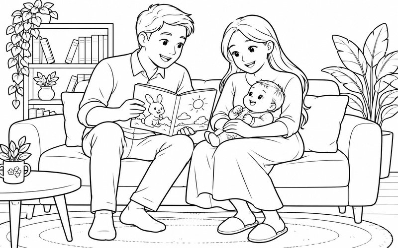 Tranh tô màu mẹ bế em bé và bố cầm sách tranh