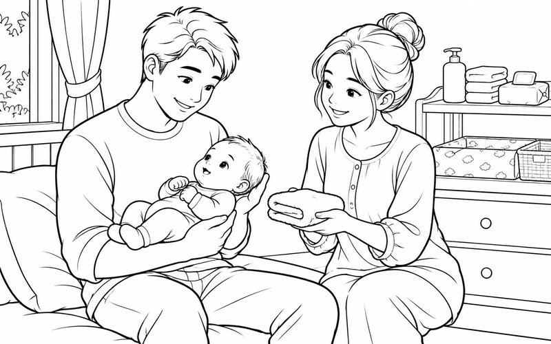 Tranh tô màu bố bế em bé và mẹ đưa khăn mềm