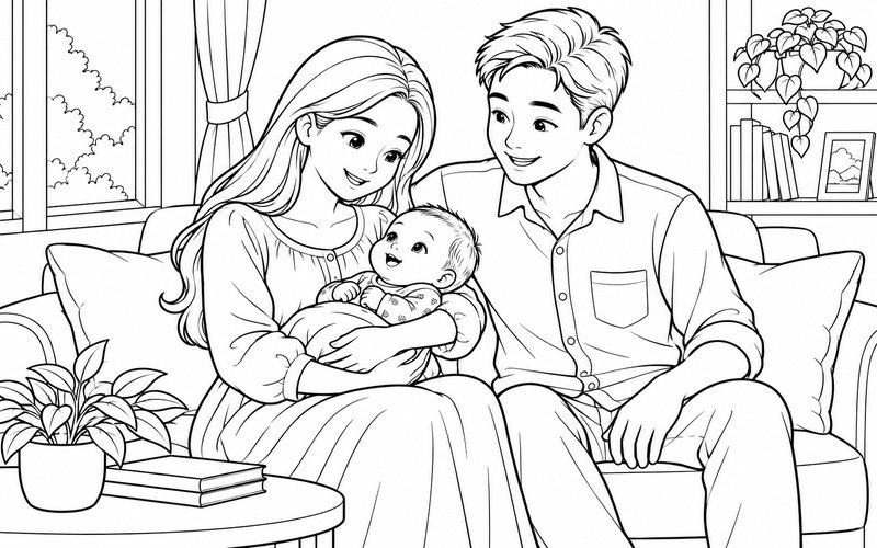 Tranh tô màu mẹ bế em bé và bố ngắm nụ cười