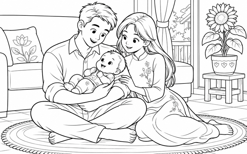 Tranh tô màu bố mẹ ôm em bé bên chậu hoa