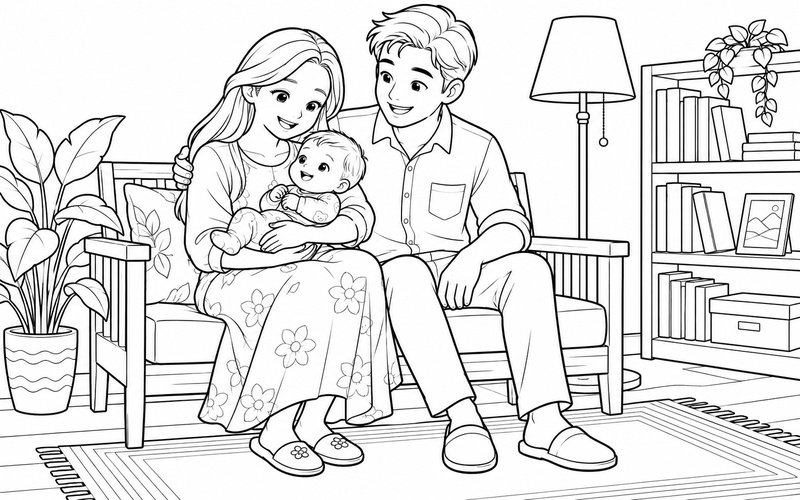 Tranh tô màu bố mẹ bế em bé trong góc đọc sách