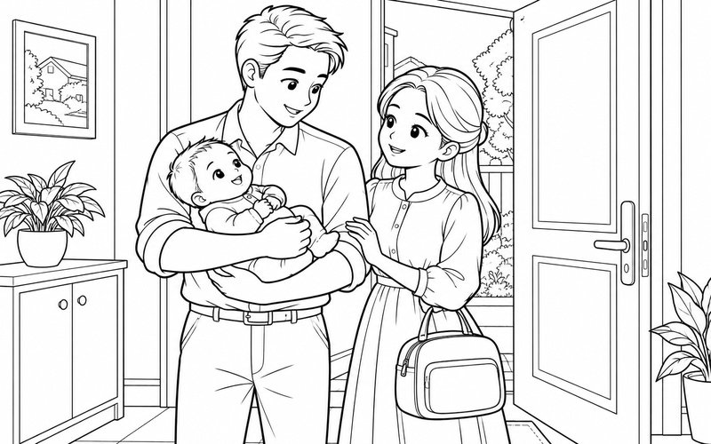 Tranh tô màu bố mẹ bế em bé trong ngày về nhà
