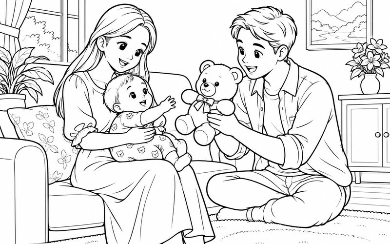 Tranh tô màu mẹ bế em bé và bố cầm gấu bông nhỏ