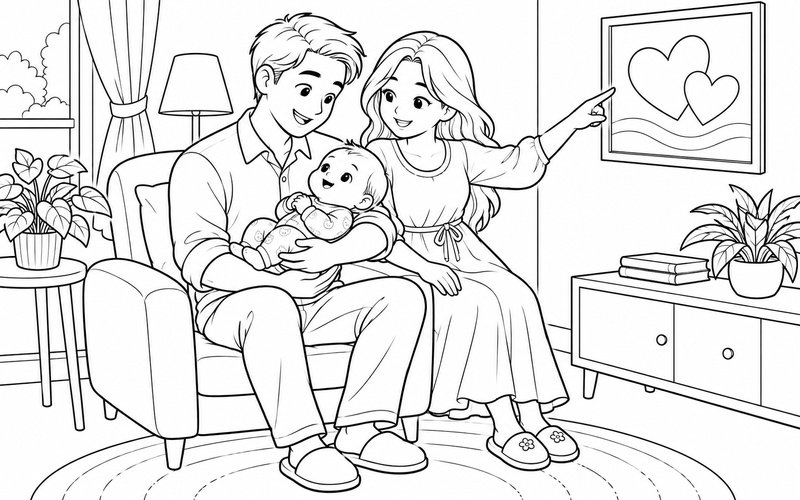Tranh tô màu bố mẹ bế em bé cạnh bức ảnh gia đình