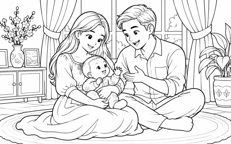 Tranh tô màu bố mẹ bế em bé trong phòng có rèm cửa