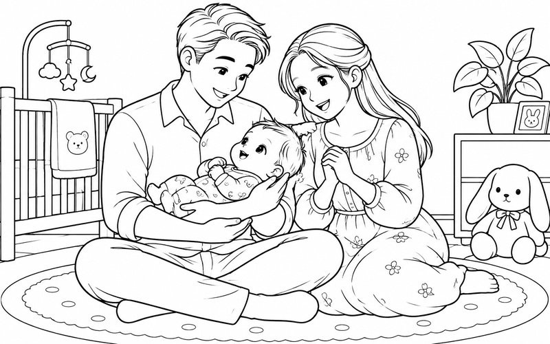 Tranh tô màu bố bế em bé trong lúc mẹ hát ru