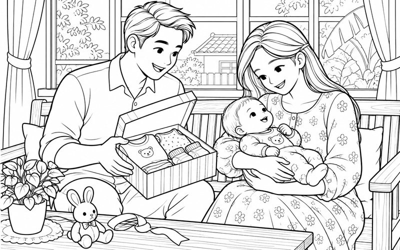 Tranh tô màu mẹ bế em bé và bố mở hộp quà