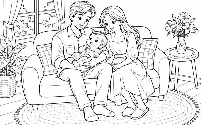 Tranh tô màu bố mẹ bế em bé bên bàn có hoa