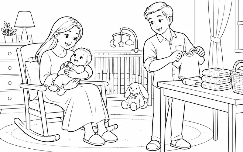 Tranh tô màu mẹ bế em bé và bố xếp áo nhỏ
