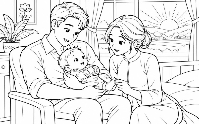 Tranh tô màu bố mẹ bế em bé trong buổi sáng