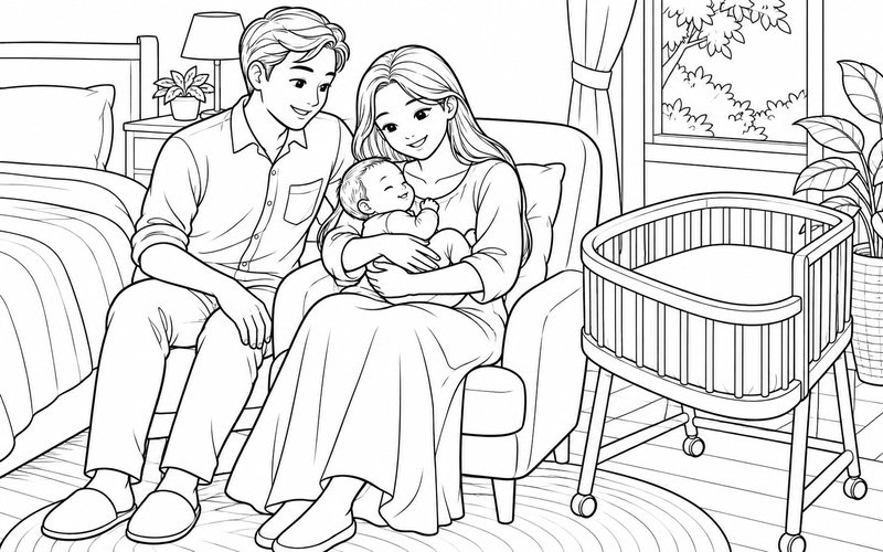 Tranh tô màu bố mẹ bế em bé cạnh chiếc nôi trống