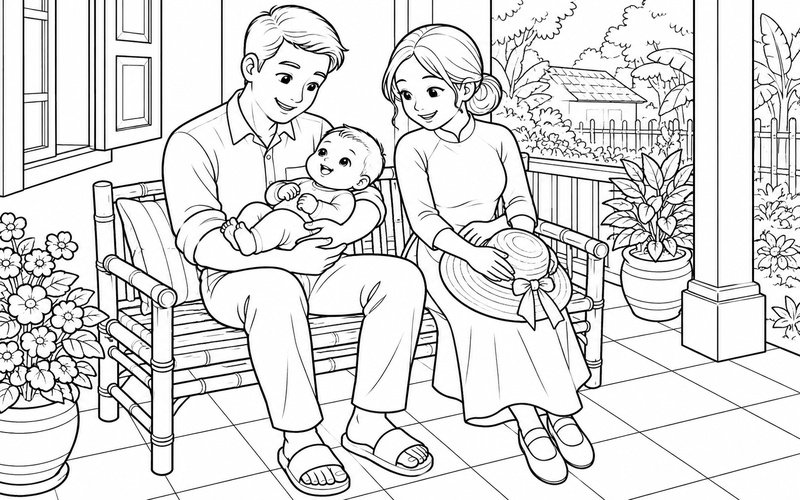 Tranh tô màu bố mẹ bế em bé dưới mái hiên