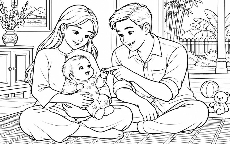 Tranh tô màu bố mẹ cùng nhìn bàn tay em bé