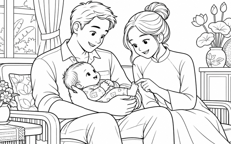 Tranh tô màu bố mẹ cùng nhìn bàn chân em bé