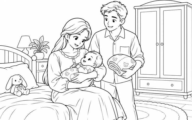 Tranh tô màu bố mẹ bế em bé bên tủ quần áo nhỏ