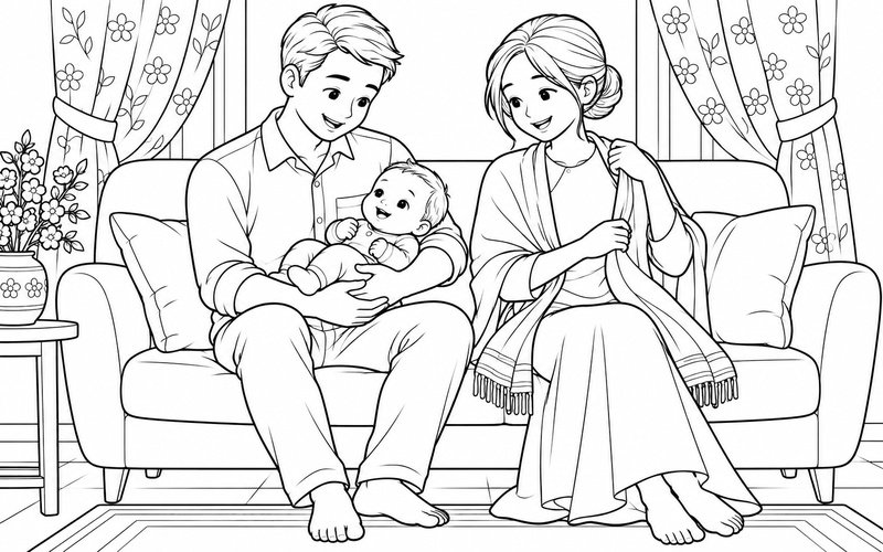 Tranh tô màu bố mẹ bế em bé cạnh rèm hoa