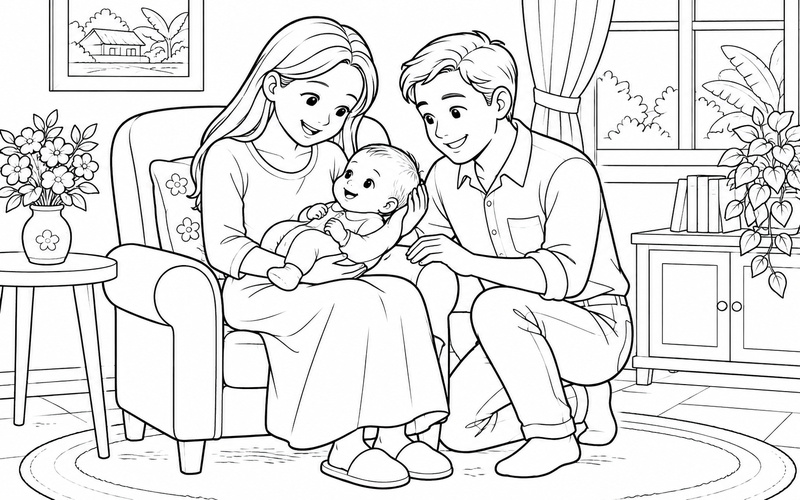 Tranh tô màu mẹ bế em bé trên ghế có tay vịn