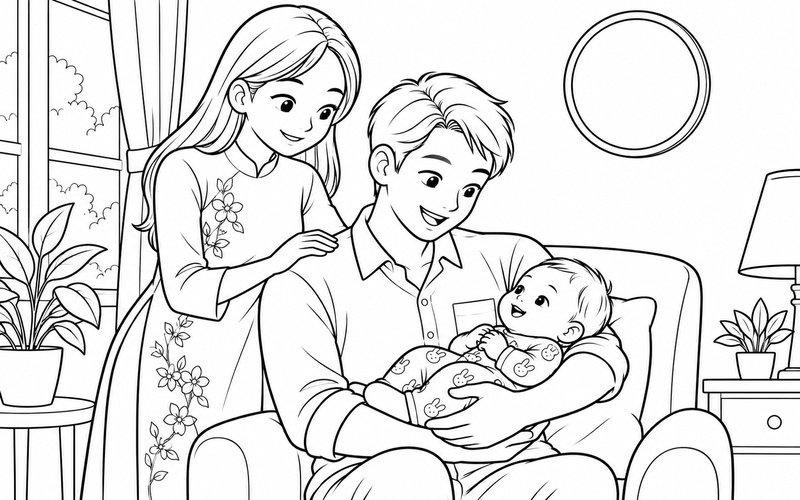 Tranh tô màu bố bế em bé trong góc phòng sáng