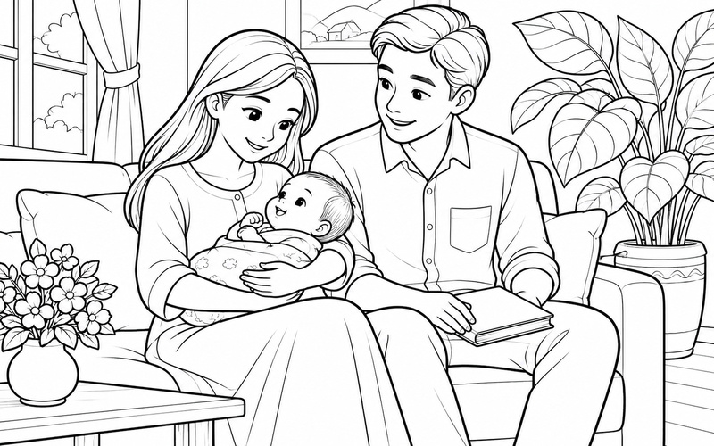 Tranh tô màu bố mẹ bế em bé cạnh chậu cây lá