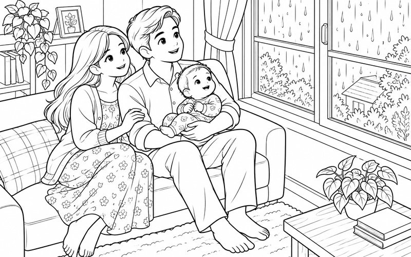 Tranh tô màu bố mẹ bế em bé ngắm mưa