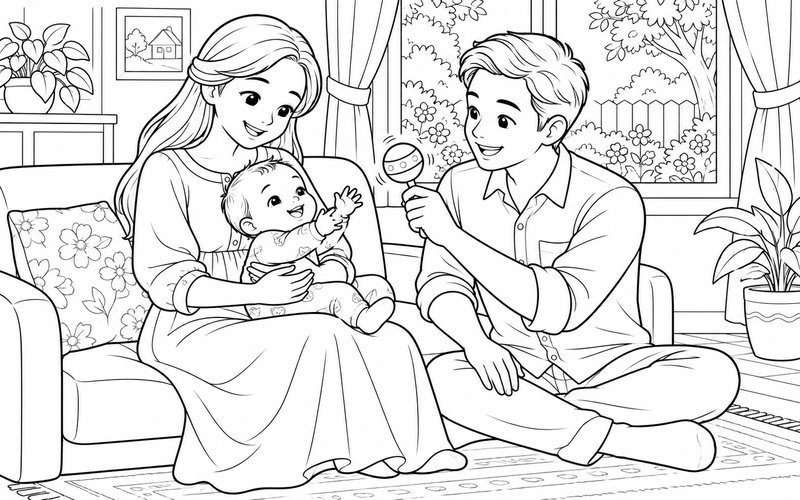 Tranh tô màu bố mẹ bế em bé trong buổi chiều