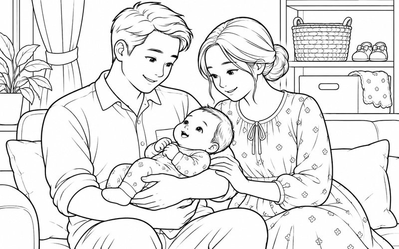 Tranh tô màu bố mẹ bế em bé ngồi cạnh nhau