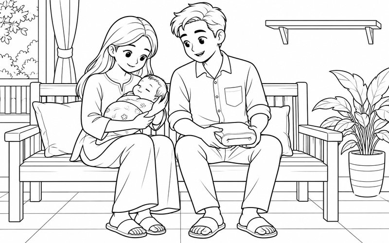 Tranh tô màu bố mẹ bế em bé trên ghế dài trong nhà