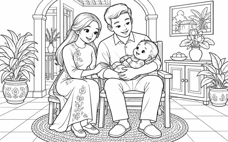 Tranh tô màu bố mẹ bế em bé bên cửa vòm